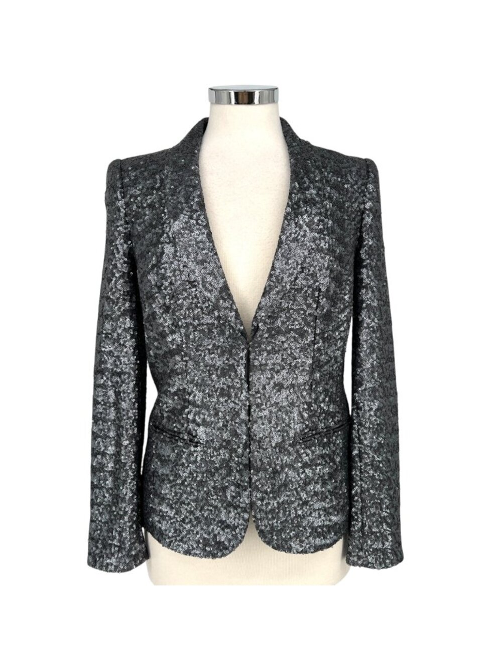 Boden Sequin Blazer Jacket Evening Wear Silver Gunmetal Size 4 Disco Glam Luxe